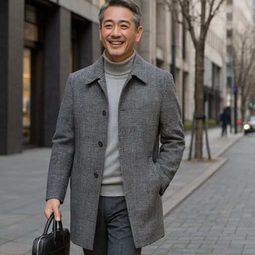 50代メンズファッション アウター 上質チェック柄中綿入り【ステンカラーコート】