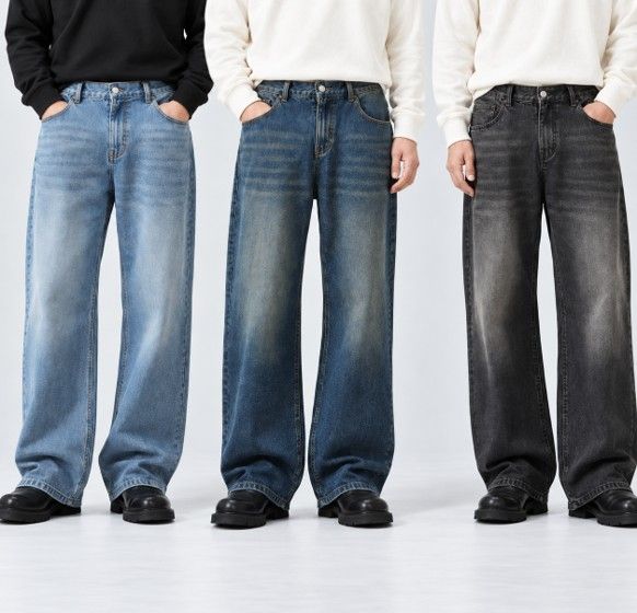 50代メンズファッション ヴィンテージ加工【ワイドデニムパンツ】
