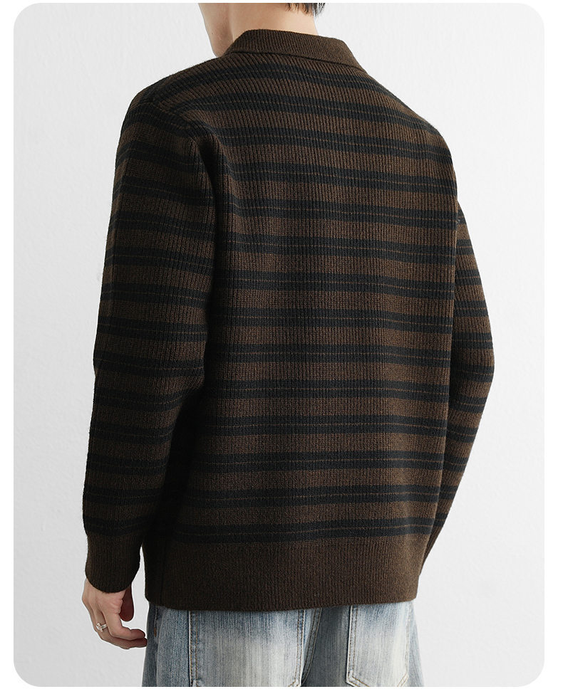 50代メンズファッション　ボーダー柄【長袖ニットセーター襟付】