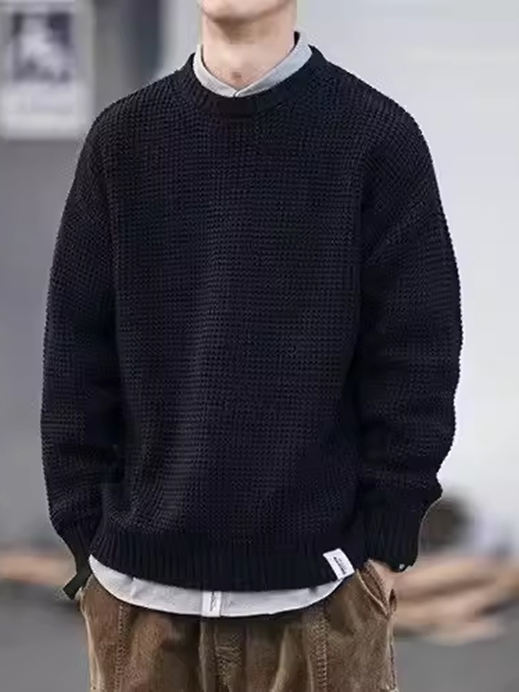 50代メンズファッション ワッフル編み【丸首ニットセーター】