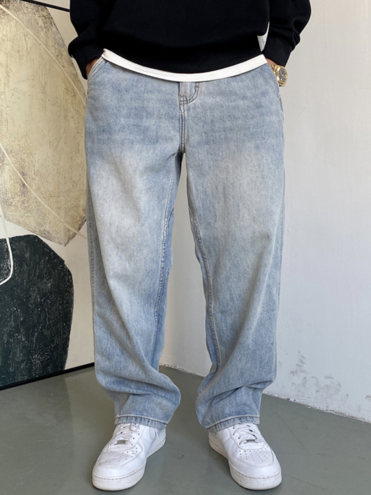 50代メンズファッション パンツ/ズボン ゆったりデニムワイドパンツ