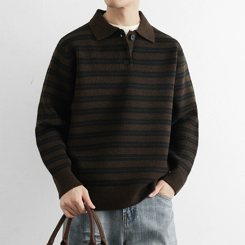 50代メンズファッション　ボーダー柄【長袖ニットセーター襟付】