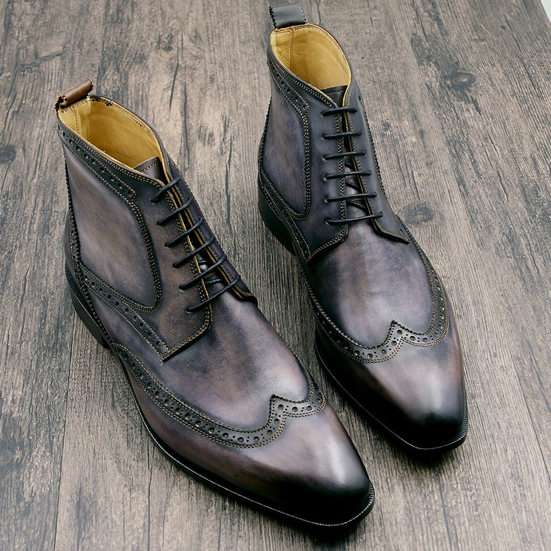 50代メンズファッション ウィングチップ・デザイン【牛本革ショートブーツ】