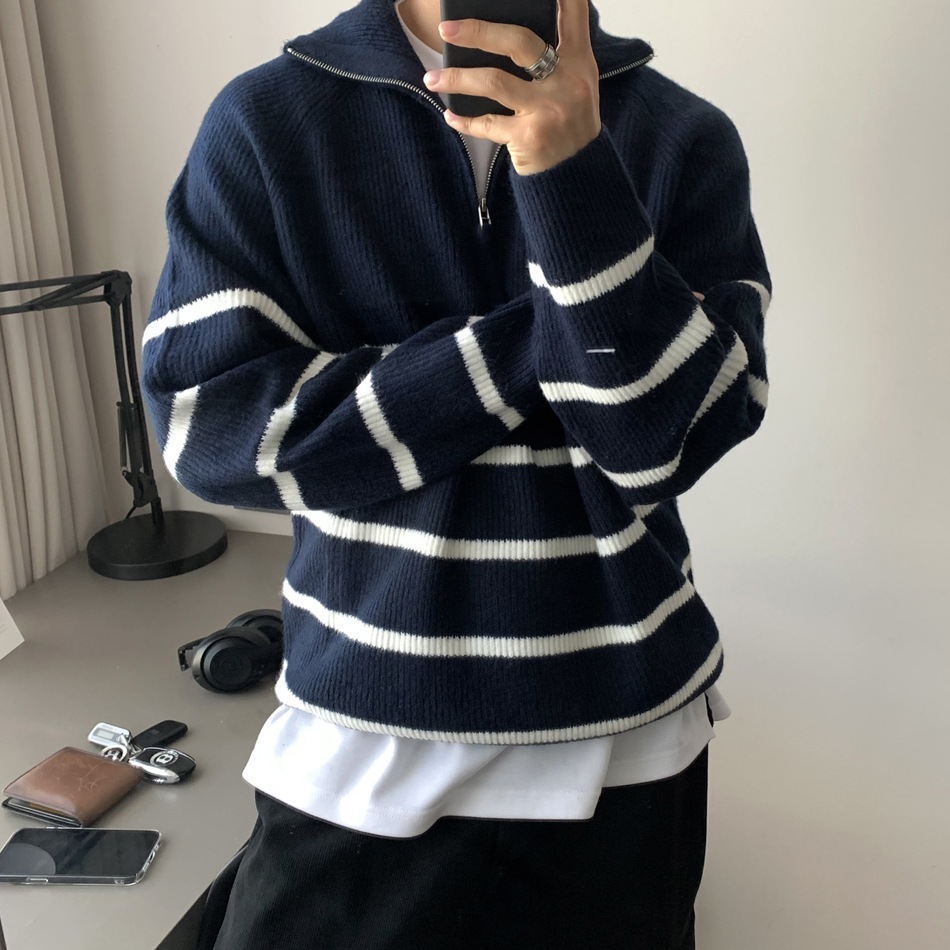 50代メンズファッション トップス ハイネックジップハーフストライプニット