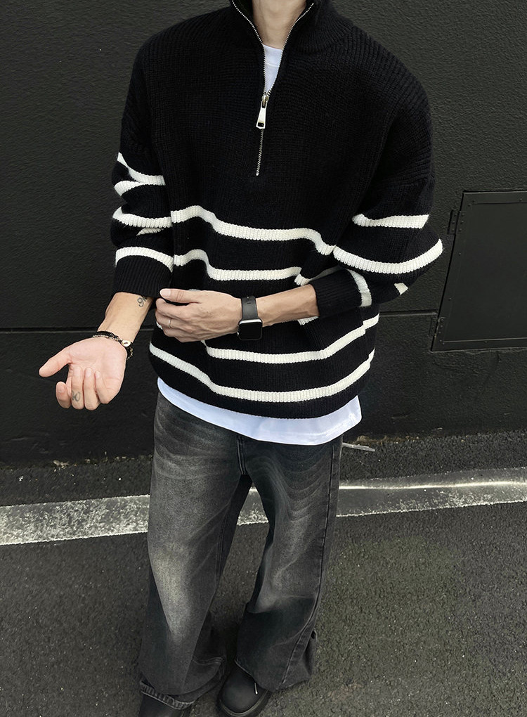 50代メンズファッション トップス ハイネックジップハーフストライプニット
