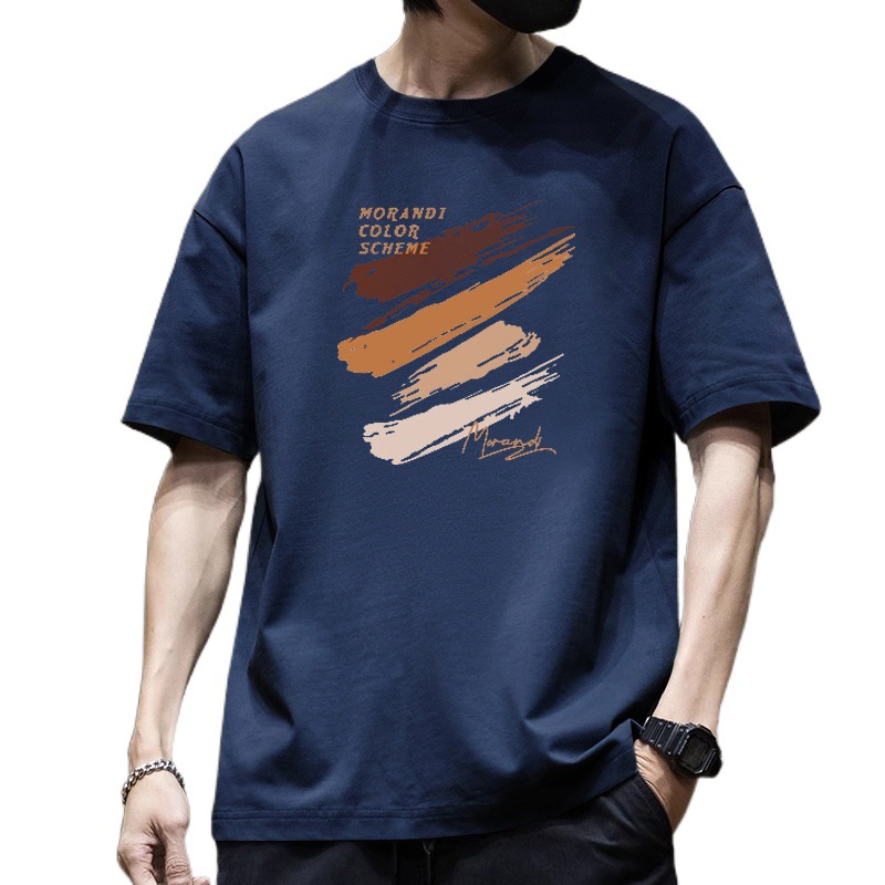 50代メンズファッション トップス モランディ風ブラシストロークプリント半袖シャツ