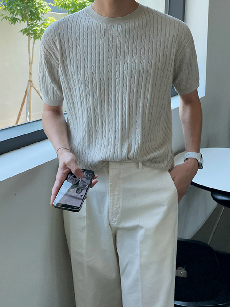 50代メンズファッション 立体編み柄　【サマーニット】
