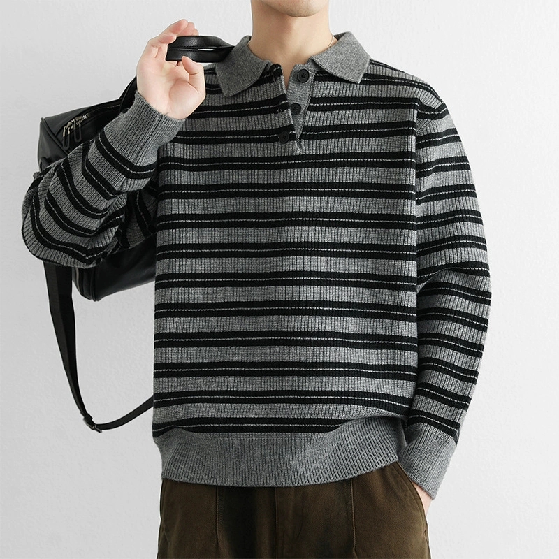 50代メンズファッション　ボーダー柄【長袖ニットセーター襟付】