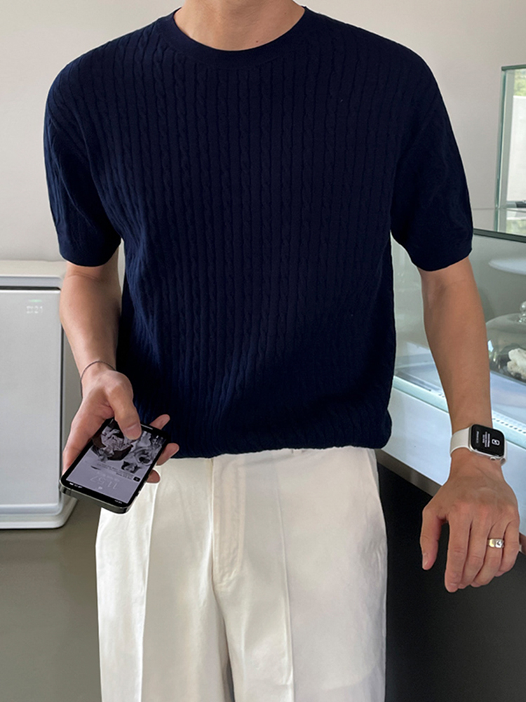 50代メンズファッション 立体編み柄　【サマーニット】
