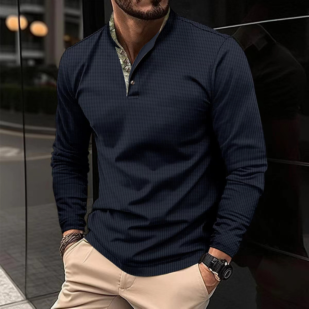 50代メンズファッション 格子柄プルオーバー スタンドカラー 長袖シャツ　4カラー