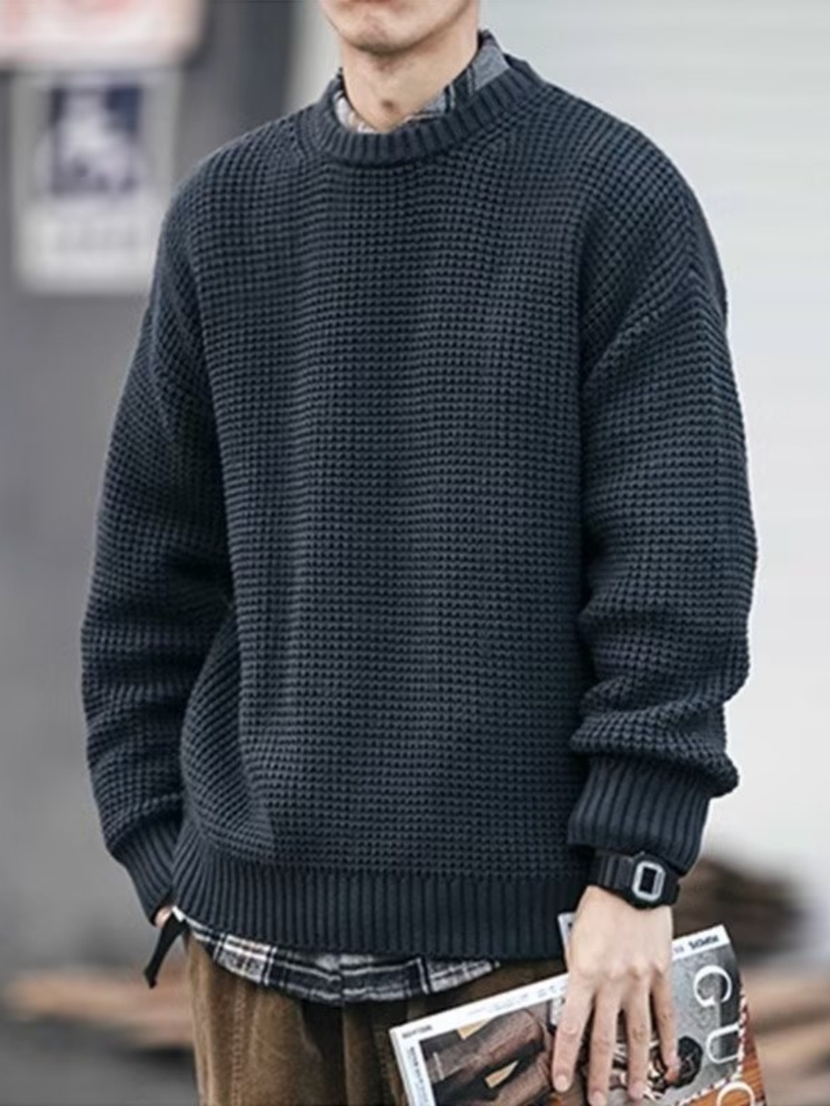 50代メンズファッション ワッフル編み【丸首ニットセーター】