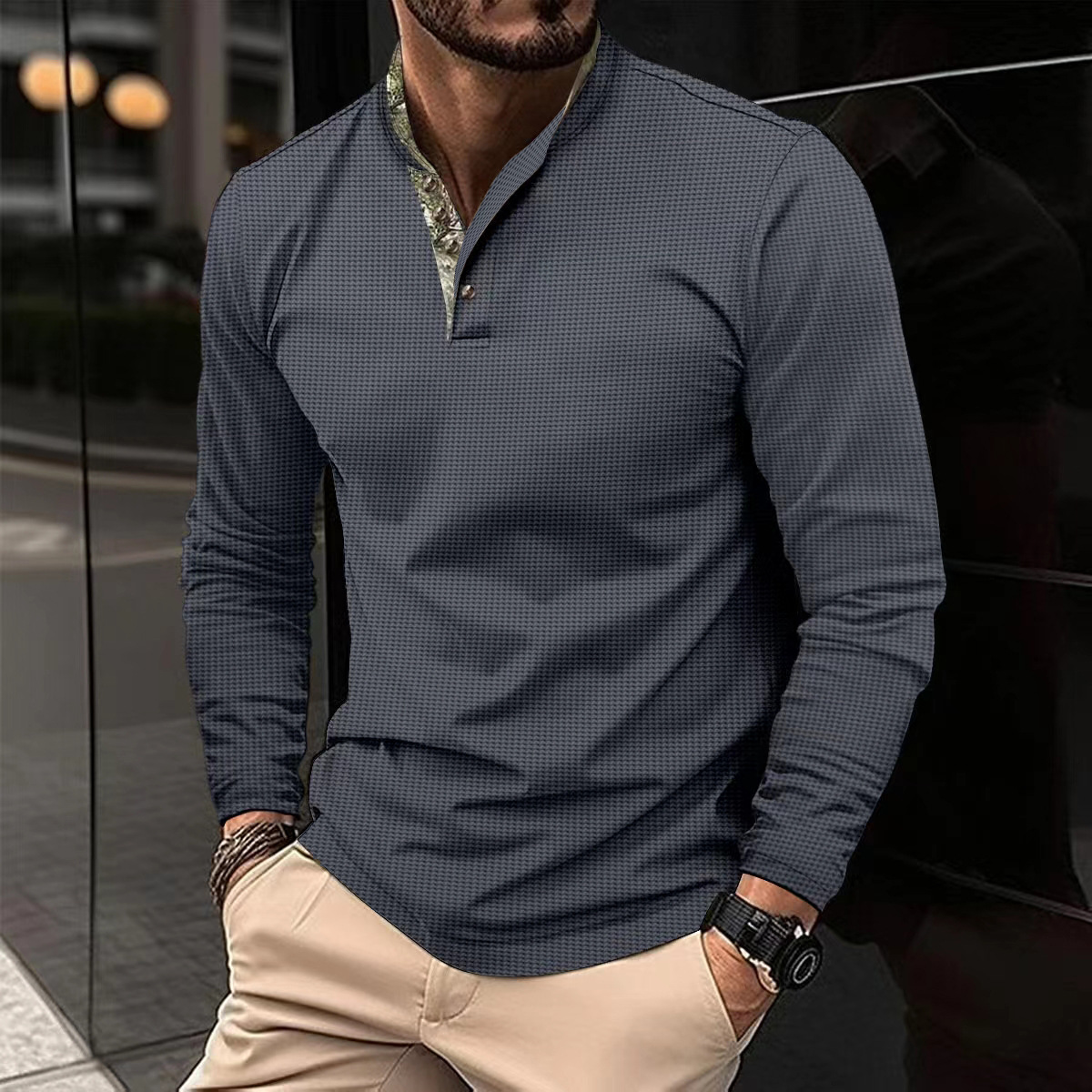 50代メンズファッション 格子柄プルオーバー スタンドカラー 長袖シャツ　4カラー
