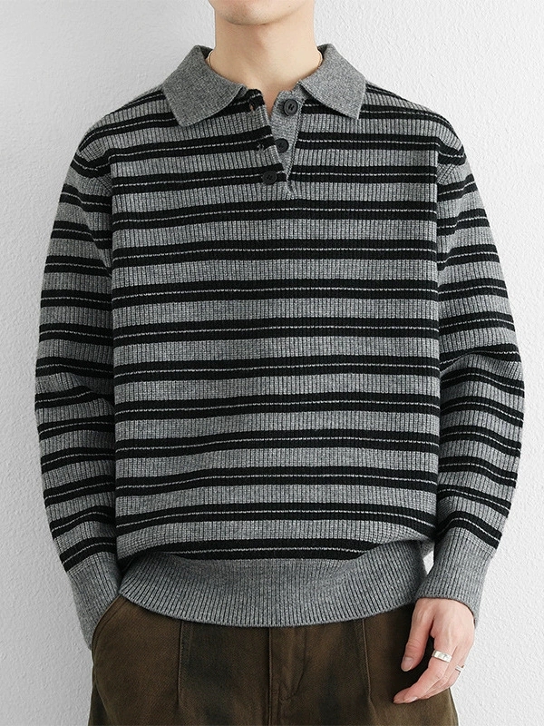 50代メンズファッション　ボーダー柄【長袖ニットセーター襟付】