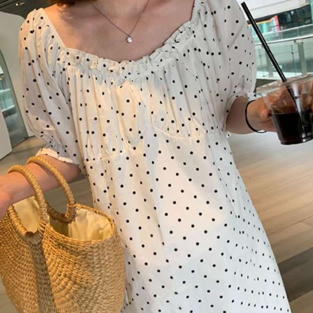 ドット柄シャーリングチュニックワンピース