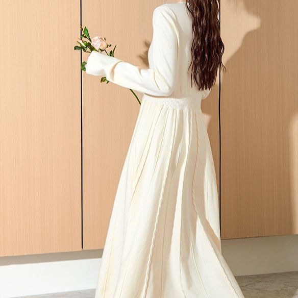 優美プリーツニットチュニックワンピース
