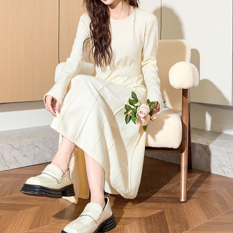 優美プリーツニットチュニックワンピース