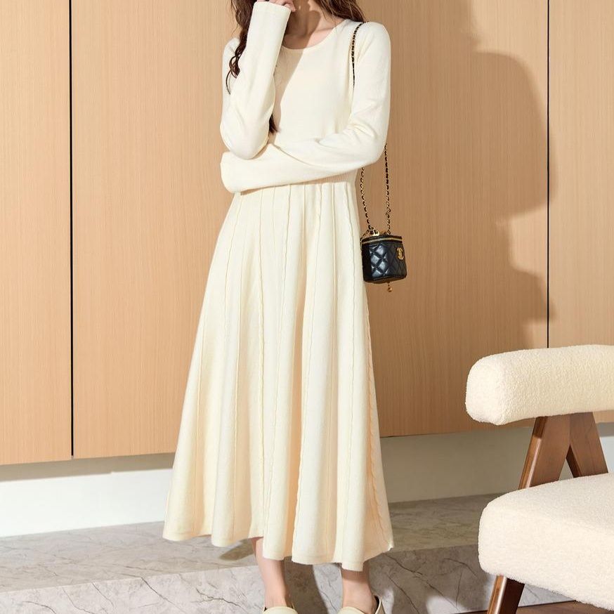 優美プリーツニットチュニックワンピース