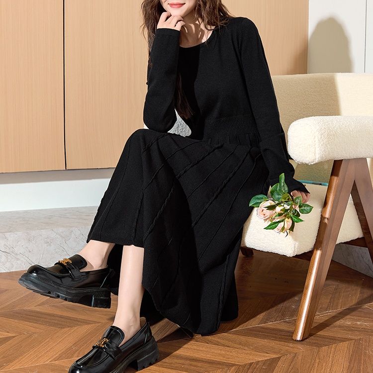 優美プリーツニットチュニックワンピース