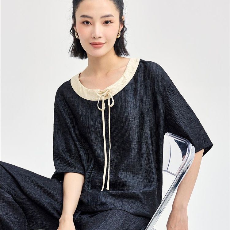 リボン結び麻混チュニックシャツ