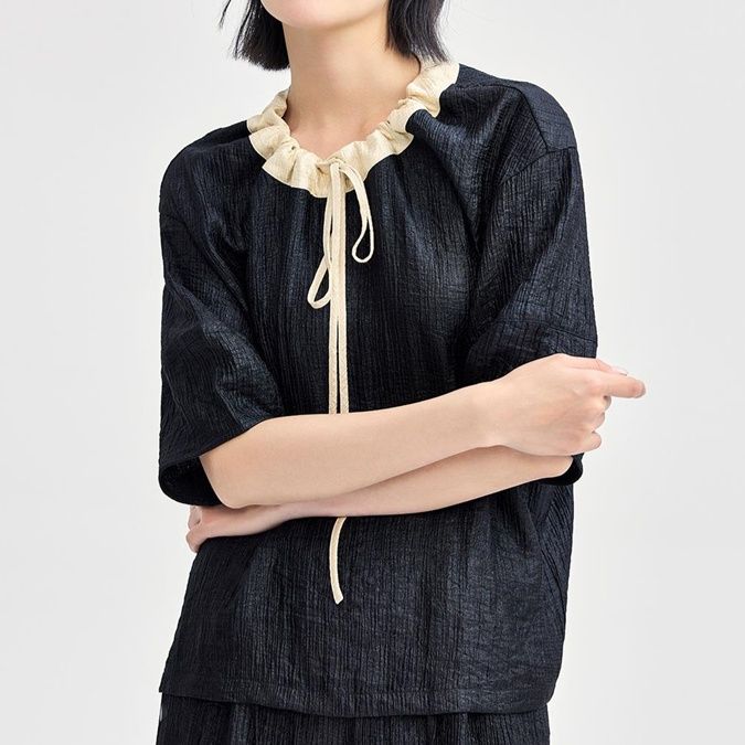 リボン結び麻混チュニックシャツ