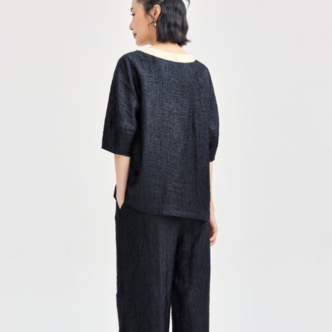 リボン結び麻混チュニックシャツ