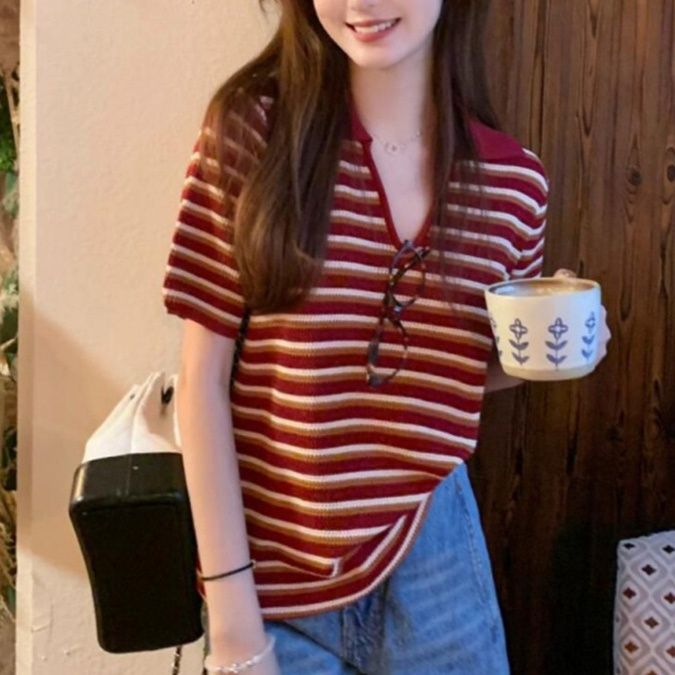 襟元華やか ボーダーチュニック
