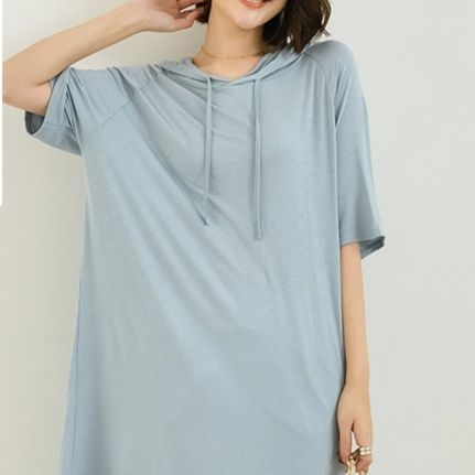 韓国風半袖フード付きチュニック6色展開　シャツ