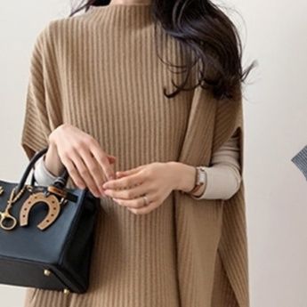 新作秋冬 サイドスリット編みチュニック ニットベスト 重ね着風