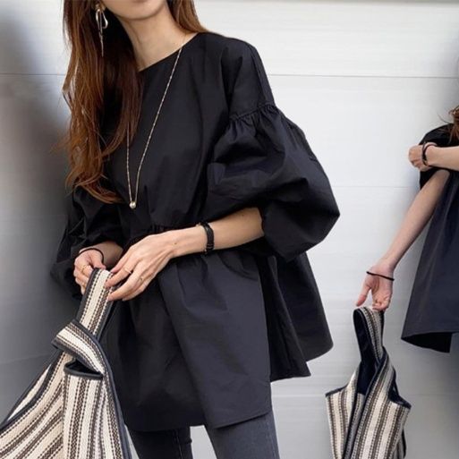 体型カバー ぽわん袖チュニック 女性用ゆったりシャツ