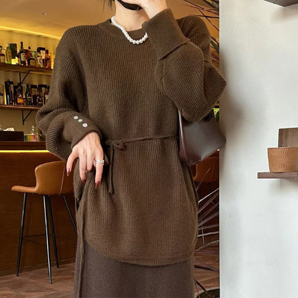 新作ボリューム袖ニットチュニック ロング丈セーター