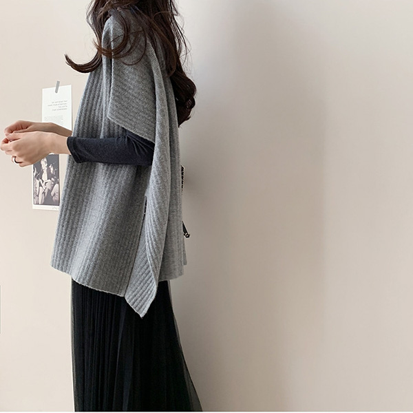 新作秋冬 サイドスリット編みチュニック ニットベスト 重ね着風