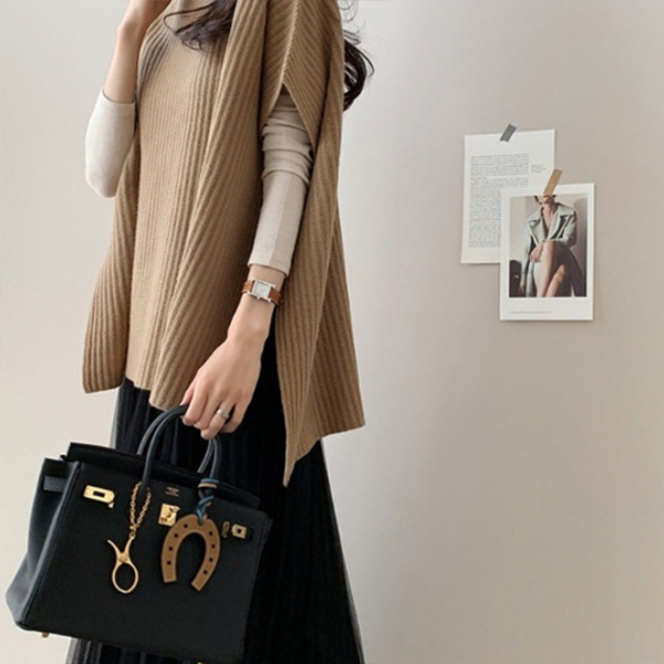 新作秋冬 サイドスリット編みチュニック ニットベスト 重ね着風