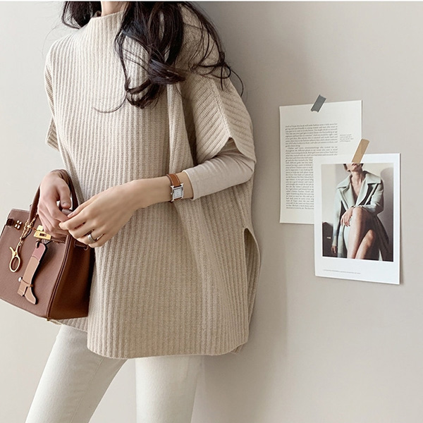 新作秋冬 サイドスリット編みチュニック ニットベスト 重ね着風