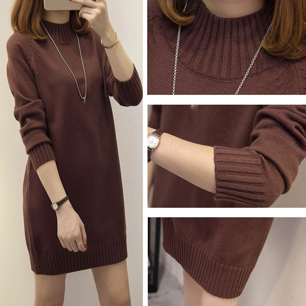 長袖ニットチュニック プチハイネック 無地