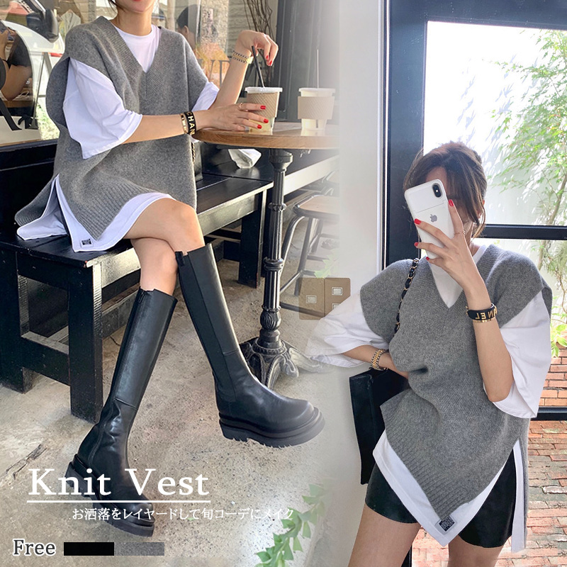 ニットベスト レイヤード重ね着チュニック体型カバー