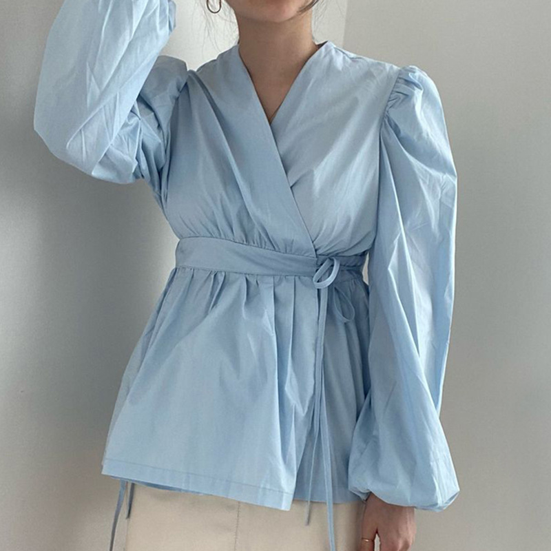 気質上品 長袖ラップ風チュニックシャツ 白