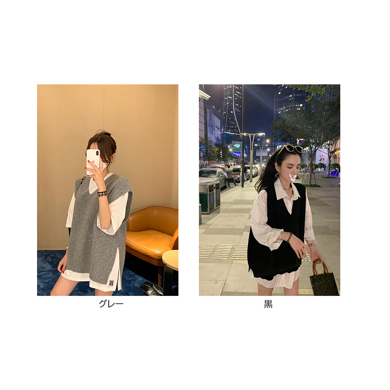 ニットベスト レイヤード重ね着チュニック体型カバー
