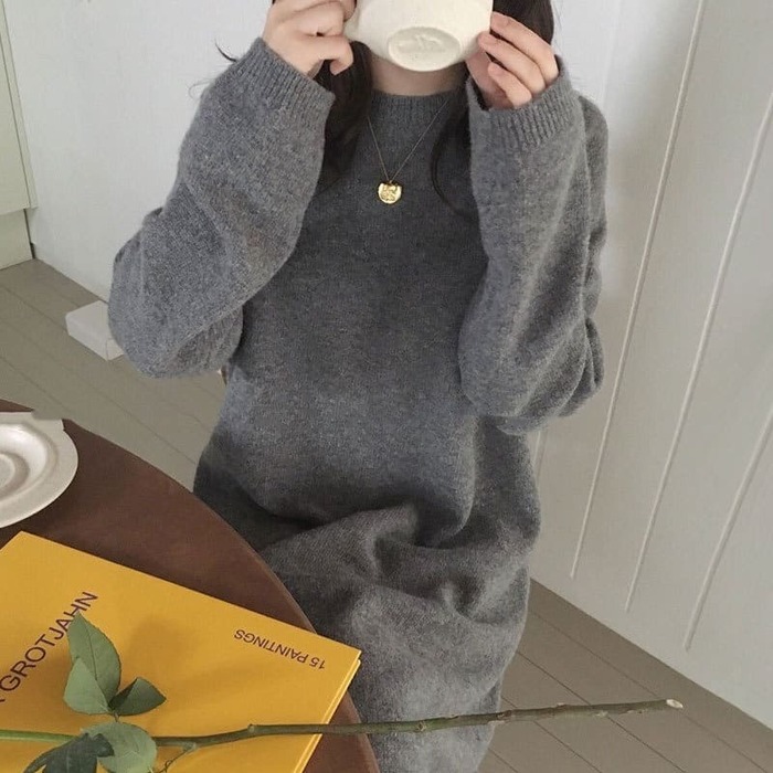 骨格ナチュラルカラーニットロングワンピース