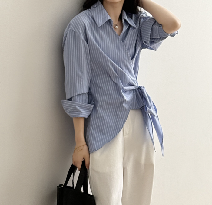 骨格ナチュラルカシュクールストライプシャツトップス