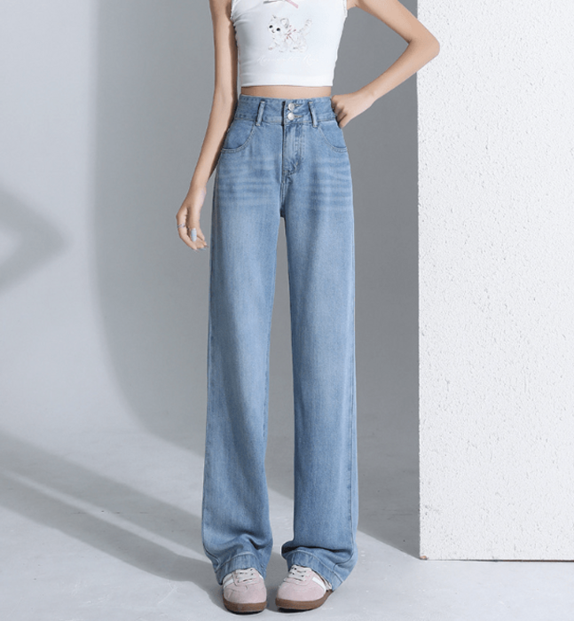 骨格ナチュラルWボタン美脚ワイドレックデニムパンツ