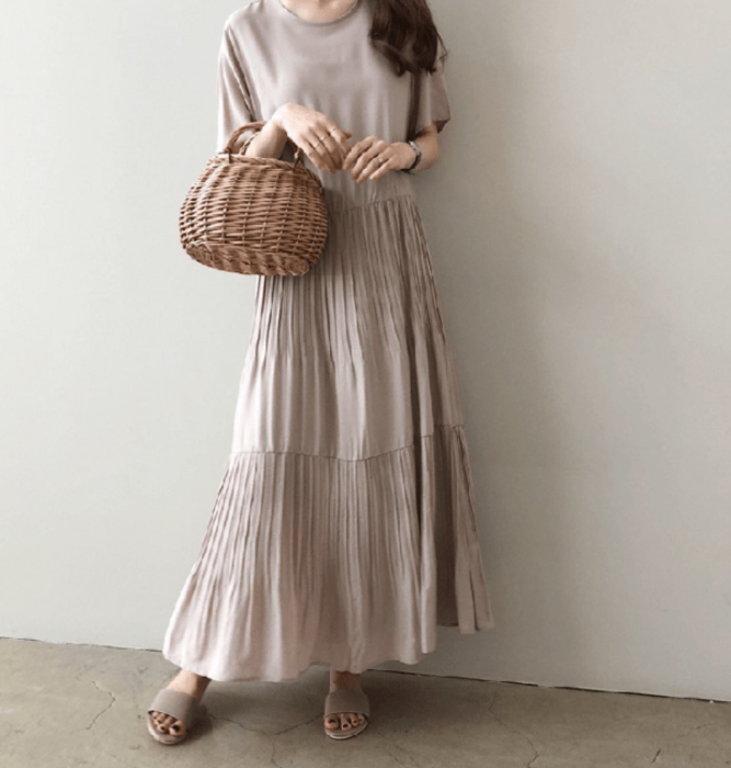 骨格ナチュラル半袖ティアードプリーツロングワンピース