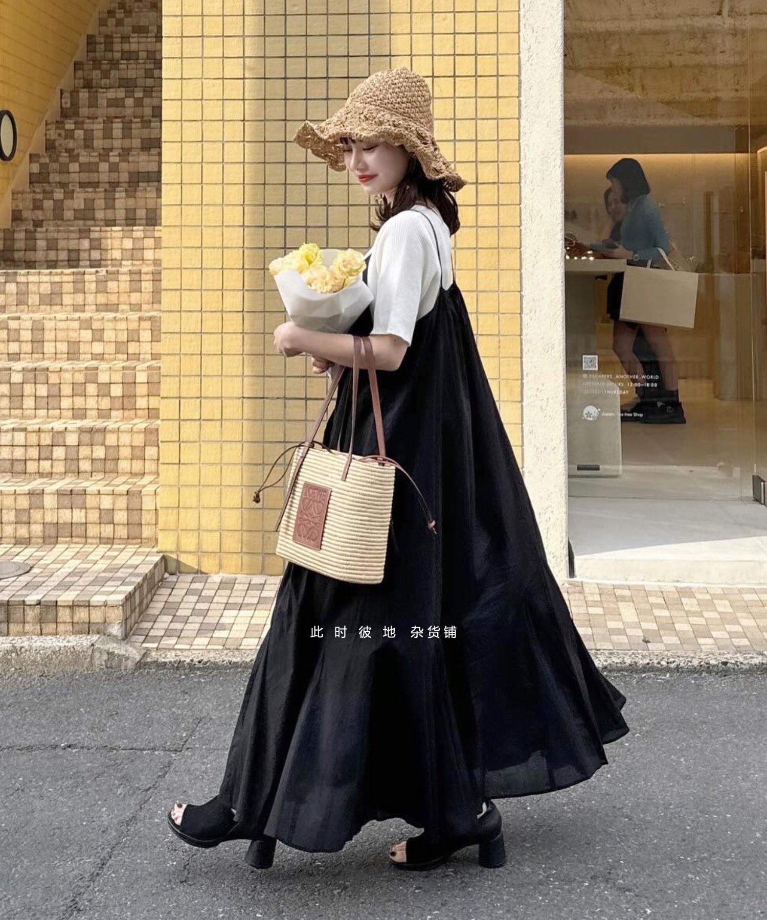 ネイビーコーデ 重ね着風チェック柄ロングワンピース