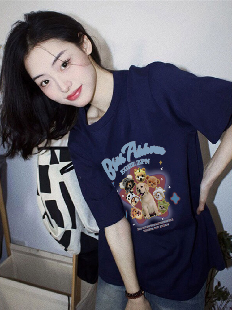 ネイビーコーデ わんこ集合プリント半袖Tシャツ