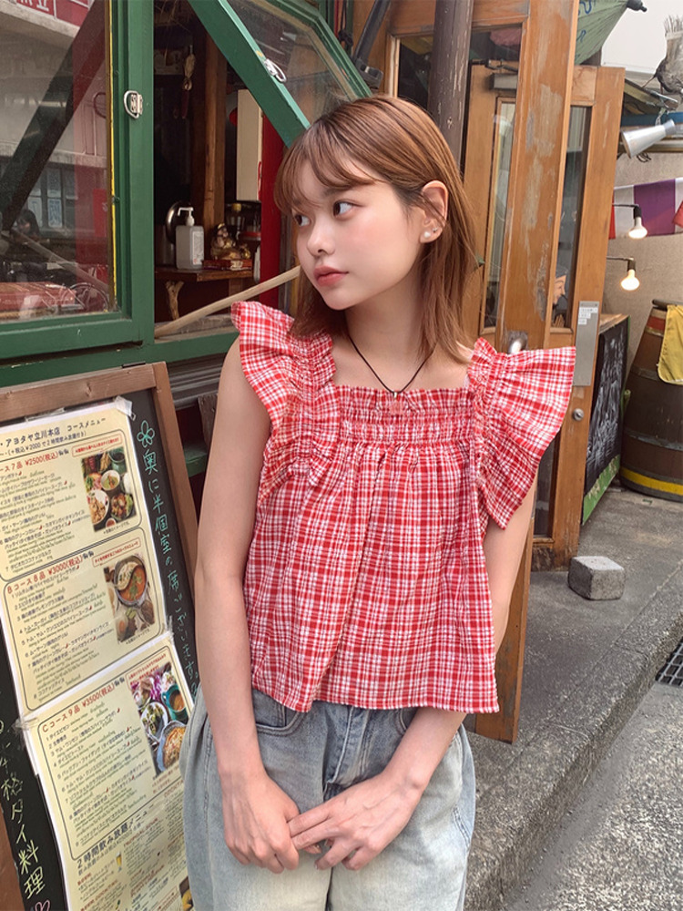 ネイビーコーデ 格子柄フリルノースリーブブラウス