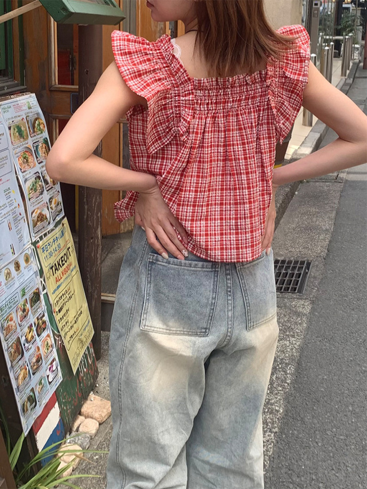 ネイビーコーデ 格子柄フリルノースリーブブラウス