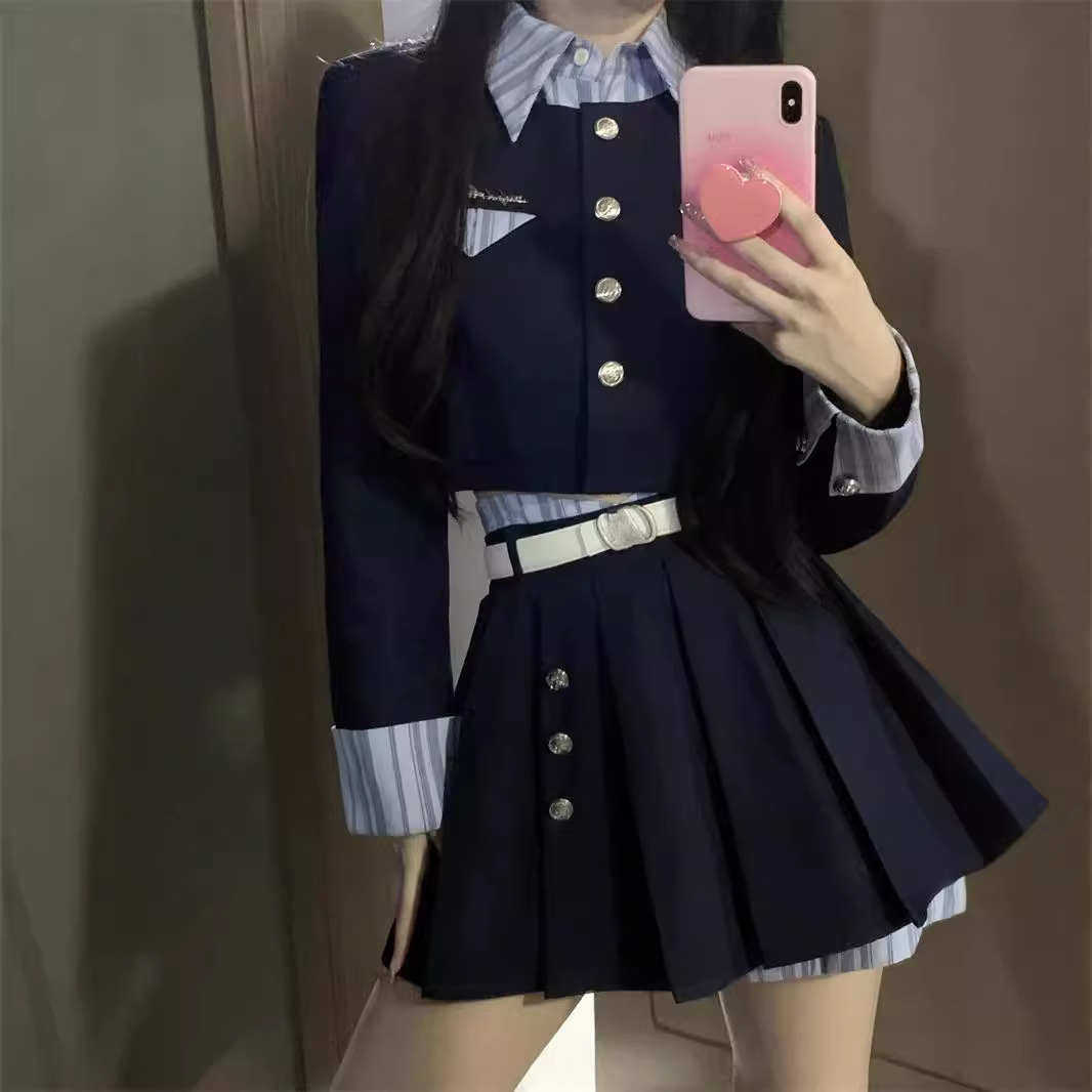 ネイビーコーデ 清楚学園制服コスセットアップ