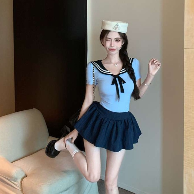 ネイビーファッション マリン風リボン セーラー服制服 セットアップ