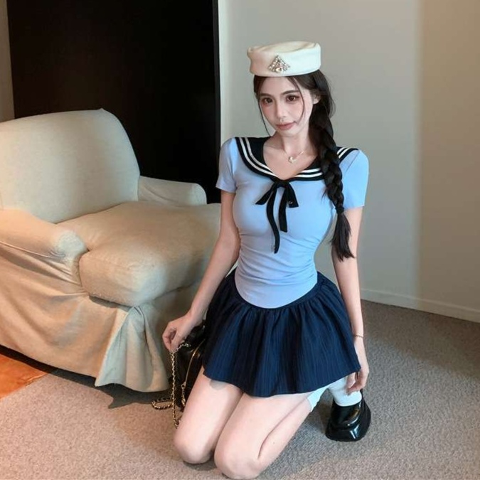 ネイビーファッション マリン風リボン セーラー服制服 セットアップ