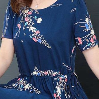 ネイビーコーデ 花柄シフォンギャザーワンピース