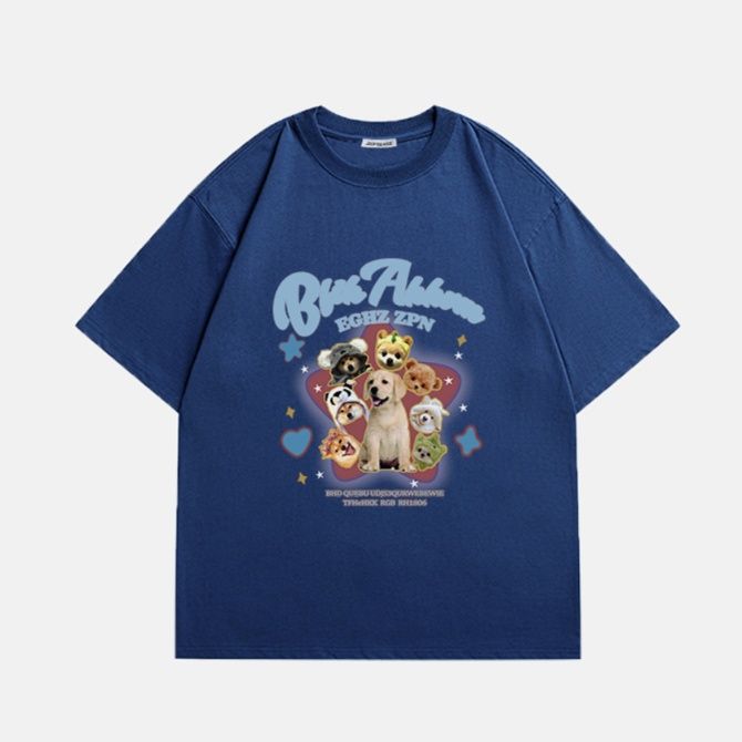 ネイビーコーデ わんこ集合プリント半袖Tシャツ